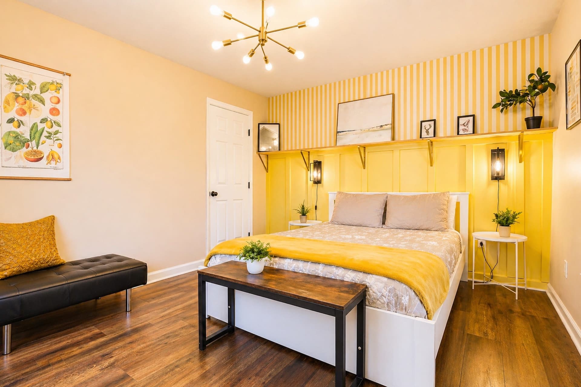 Bedroom with a yellow accent wall