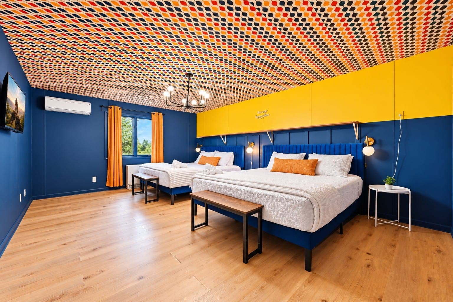 Bedroom with navy and yellow walls