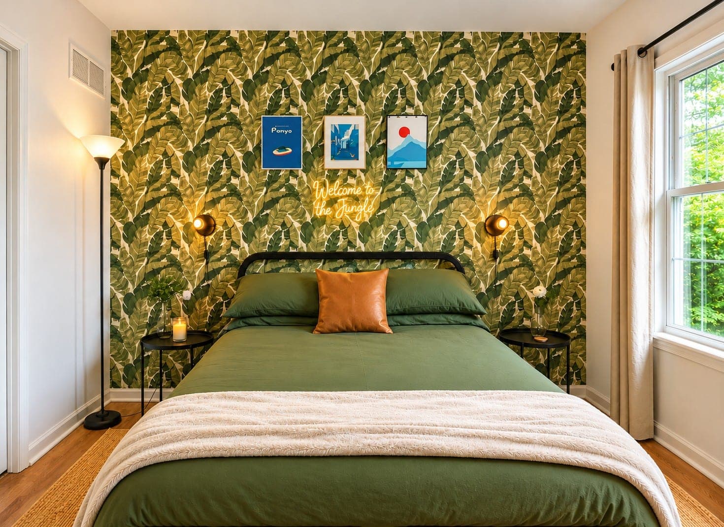 Bedroom 3 with a queen bed and palm-leaf wallpaper