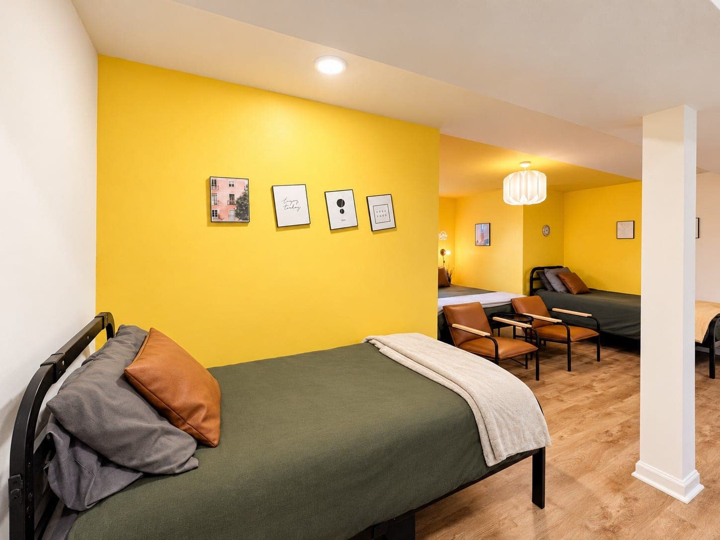 Twin bed in a nook in the basement